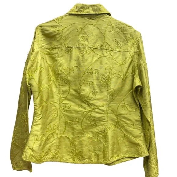 Chico's Green 100% Silk Embroidered Button Jacket Top Sz 1 (S) - Picture 2 of 5